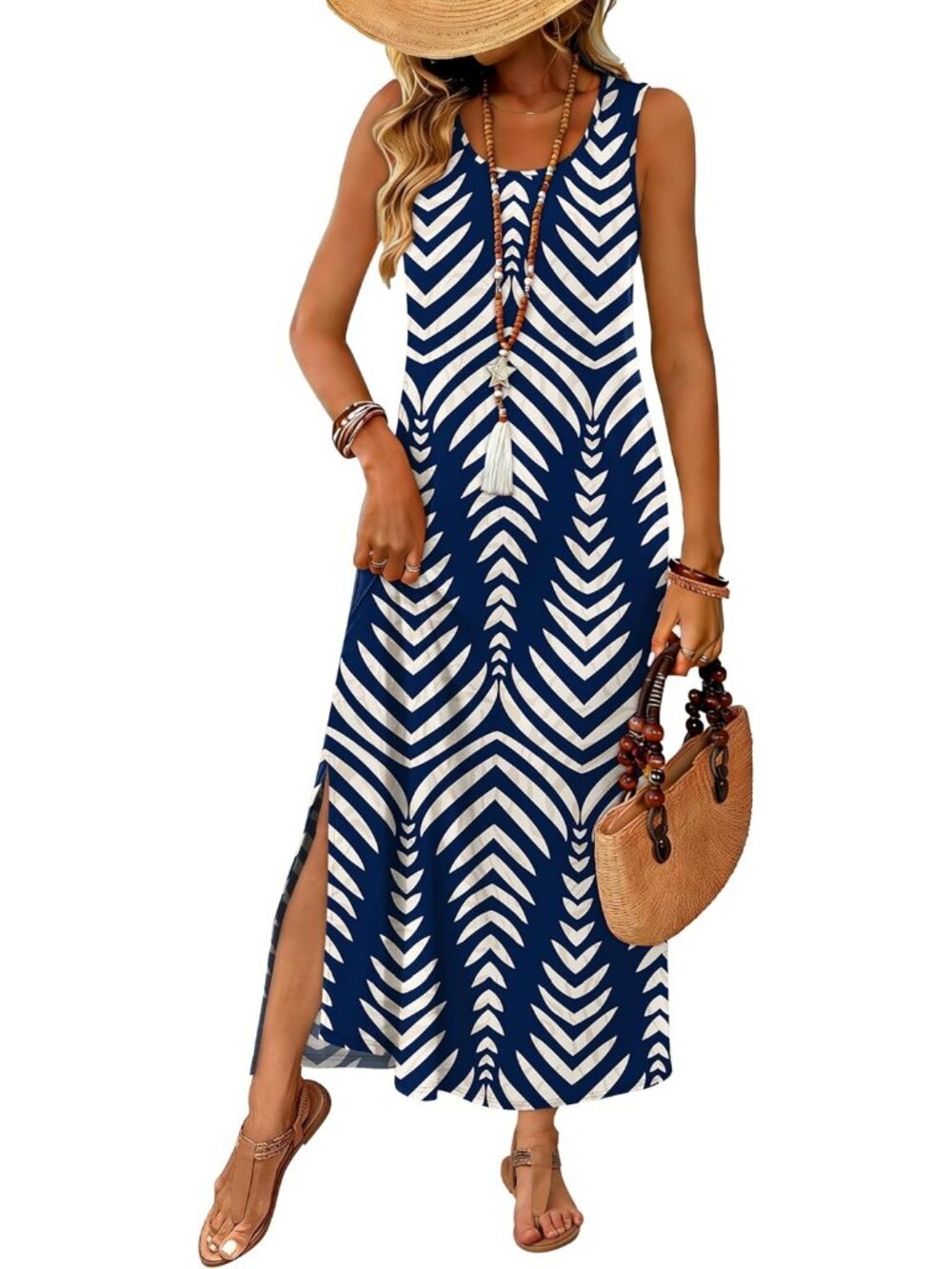 Women’s Print Navy Blue Sleeveless Maxi Dress Summer Beach Sundress with Pockets
